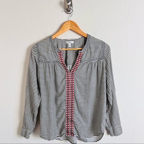 J. Crew Embroidered Embellished Cream Striped Long Sleeve Blouse - Picture 2 of 14